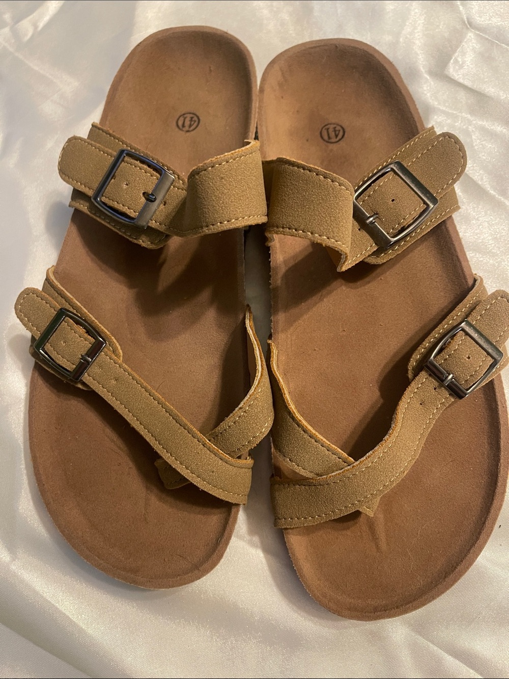 Double Strap Tan Suede Slide Sandals
